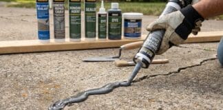 Liquid Concrete Crack Filler: Driveway, Patio & Sidewalk Repair Products Liquid concrete crack filler being applied into a driveway crack before smoothing