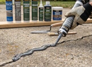 Liquid Concrete Crack Filler: Driveway, Patio & Sidewalk Repair Products Liquid concrete crack filler being applied into a driveway crack before smoothing