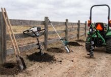 Post Hole Diggers: Manual, Gas, Electric & Tractor Guide Manual, gas, electric, and tractor post hole diggers arranged near a fence line with fresh post holes in the soil