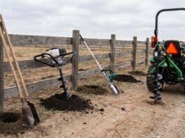 Post Hole Diggers: Manual, Gas, Electric & Tractor Guide Manual, gas, electric, and tractor post hole diggers arranged near a fence line with fresh post holes in the soil