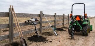 Post Hole Diggers: Manual, Gas, Electric & Tractor Guide Manual, gas, electric, and tractor post hole diggers arranged near a fence line with fresh post holes in the soil