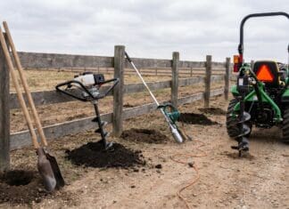 Post Hole Diggers: Manual, Gas, Electric & Tractor Guide Manual, gas, electric, and tractor post hole diggers arranged near a fence line with fresh post holes in the soil