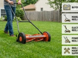 Reel Lawn Mowers for Sale: Manual, Electric & Powered Options Compared Manual reel lawn mower cutting a small green lawn with clean low grass