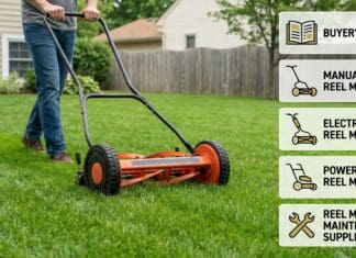 Reel Lawn Mowers for Sale: Manual, Electric & Powered Options Compared Manual reel lawn mower cutting a small green lawn with clean low grass