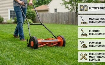 Reel Lawn Mowers for Sale: Manual, Electric & Powered Options Compared Manual reel lawn mower cutting a small green lawn with clean low grass