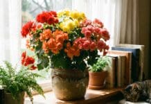 Rieger Begonia Care: Indoor, Outdoor, Sun, Water & Reblooming Guide Colorful Rieger begonia plant blooming in a pot near bright indirect window light