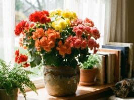 Rieger Begonia Care: Indoor, Outdoor, Sun, Water & Reblooming Guide Colorful Rieger begonia plant blooming in a pot near bright indirect window light