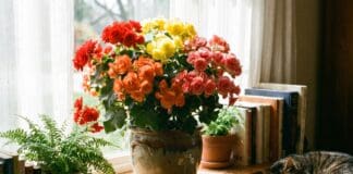 Rieger Begonia Care: Indoor, Outdoor, Sun, Water & Reblooming Guide Colorful Rieger begonia plant blooming in a pot near bright indirect window light