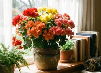 Rieger Begonia Care: Indoor, Outdoor, Sun, Water & Reblooming Guide Colorful Rieger begonia plant blooming in a pot near bright indirect window light
