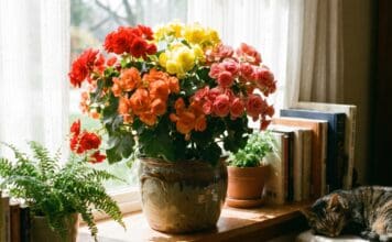 Rieger Begonia Care: Indoor, Outdoor, Sun, Water & Reblooming Guide Colorful Rieger begonia plant blooming in a pot near bright indirect window light