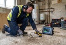 Slab Leak Repair Near Me: Signs, Costs & Local Plumbing Help Plumber using leak detection equipment to inspect a concrete slab floor for a hidden pipe leak
