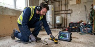 Slab Leak Repair Near Me: Signs, Costs & Local Plumbing Help Plumber using leak detection equipment to inspect a concrete slab floor for a hidden pipe leak