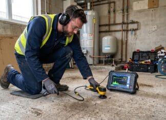 Slab Leak Repair Near Me: Signs, Costs & Local Plumbing Help Plumber using leak detection equipment to inspect a concrete slab floor for a hidden pipe leak