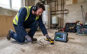 Slab Leak Repair Near Me: Signs, Costs & Local Plumbing Help Plumber using leak detection equipment to inspect a concrete slab floor for a hidden pipe leak
