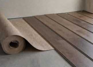 Underlayment for Engineered Hardwood Flooring: What Goes Under It? Roll of underlayment beneath engineered hardwood flooring planks on a prepared subfloor