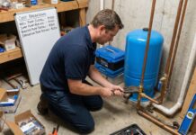 Water Pump Installation Price: Well, Sump, Booster & Irrigation Costs Plumber installing a residential water pump with pipes and pressure tank in a utility room