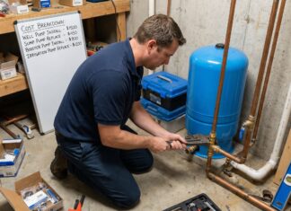 Water Pump Installation Price: Well, Sump, Booster & Irrigation Costs Plumber installing a residential water pump with pipes and pressure tank in a utility room