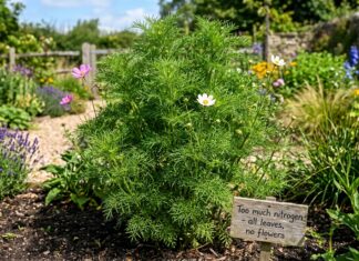 Why Are My Cosmos Not Blooming? 10 Causes & Fixes Cosmos plant with green foliage and few flowers in a sunny garden showing why cosmos may not bloom