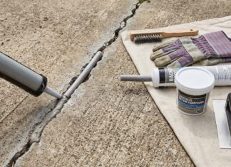 Best Concrete Crack Filler for Driveways, Patios & Large Cracks Concrete crack filler applied to a driveway crack with repair tools nearby