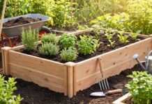 Cedar Raised Garden Bed Kit: What to Check Before Buying Cedar raised garden bed kit assembled in a backyard vegetable garden with soil, herbs, and garden tools nearby