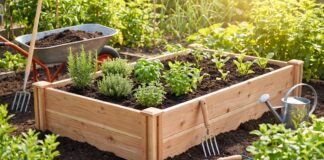 Cedar Raised Garden Bed Kit: What to Check Before Buying Cedar raised garden bed kit assembled in a backyard vegetable garden with soil, herbs, and garden tools nearby