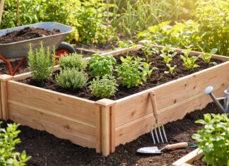 Cedar Raised Garden Bed Kit: What to Check Before Buying Cedar raised garden bed kit assembled in a backyard vegetable garden with soil, herbs, and garden tools nearby