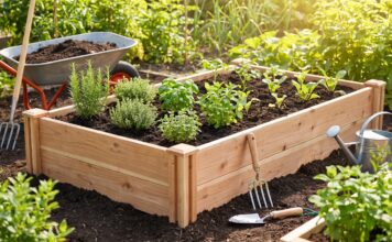Cedar Raised Garden Bed Kit: What to Check Before Buying Cedar raised garden bed kit assembled in a backyard vegetable garden with soil, herbs, and garden tools nearby