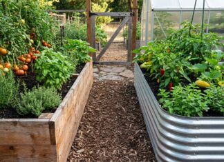 Cedar vs Metal Raised Garden Beds: Which Is Better for Vegetables? Cedar and galvanized metal raised garden beds side by side in a vegetable garden with herbs, tomatoes, and rich soil