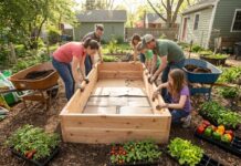 Do Cedar Raised Beds Need a Liner? What to Use and Avoid Open-bottom cedar raised garden bed with cardboard, hardware cloth, soil, and vegetables being prepared in a backyard garden