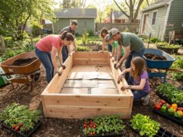 Do Cedar Raised Beds Need a Liner? What to Use and Avoid Open-bottom cedar raised garden bed with cardboard, hardware cloth, soil, and vegetables being prepared in a backyard garden