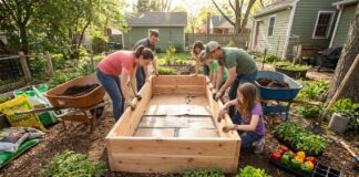 Do Cedar Raised Beds Need a Liner? What to Use and Avoid Open-bottom cedar raised garden bed with cardboard, hardware cloth, soil, and vegetables being prepared in a backyard garden
