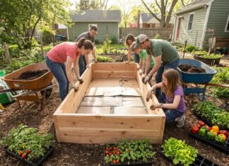 Do Cedar Raised Beds Need a Liner? What to Use and Avoid Open-bottom cedar raised garden bed with cardboard, hardware cloth, soil, and vegetables being prepared in a backyard garden
