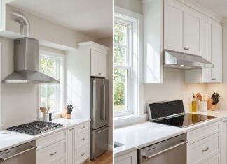 Ducted vs Ductless Range Hood: Which Is Better? Side-by-side kitchen range hood comparison showing ducted venting and ductless recirculating filter setup