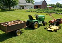 Garden Tractor: What It Is, Costs, Attachments & Buying Tips Green John Deere tractor hitched to a rusted wagon filled with soil and gardening tools on a sunny farm lawn near a house and barn behind it.