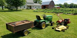 Garden Tractor: What It Is, Costs, Attachments & Buying Tips Green John Deere tractor hitched to a rusted wagon filled with soil and gardening tools on a sunny farm lawn near a house and barn behind it.
