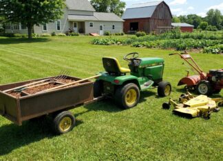 Garden Tractor: What It Is, Costs, Attachments & Buying Tips Green John Deere tractor hitched to a rusted wagon filled with soil and gardening tools on a sunny farm lawn near a house and barn behind it.
