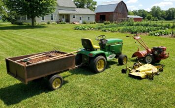 Garden Tractor: What It Is, Costs, Attachments & Buying Tips Green John Deere tractor hitched to a rusted wagon filled with soil and gardening tools on a sunny farm lawn near a house and barn behind it.
