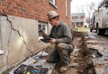House Foundation Repair: Costs, Warning Signs & Methods Foundation repair specialist inspecting cracks near the base of a house