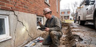 House Foundation Repair: Costs, Warning Signs & Methods Foundation repair specialist inspecting cracks near the base of a house