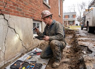 House Foundation Repair: Costs, Warning Signs & Methods Foundation repair specialist inspecting cracks near the base of a house