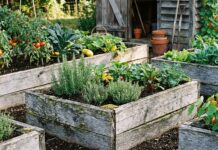How Long Do Cedar Raised Garden Beds Last? Lifespan & Rot Tips Weathered cedar raised garden beds in a vegetable garden showing aged wood, soil, herbs, and vegetables