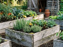 How Long Do Cedar Raised Garden Beds Last? Lifespan & Rot Tips Weathered cedar raised garden beds in a vegetable garden showing aged wood, soil, herbs, and vegetables