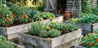 How Long Do Cedar Raised Garden Beds Last? Lifespan & Rot Tips Weathered cedar raised garden beds in a vegetable garden showing aged wood, soil, herbs, and vegetables