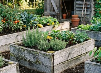 How Long Do Cedar Raised Garden Beds Last? Lifespan & Rot Tips Weathered cedar raised garden beds in a vegetable garden showing aged wood, soil, herbs, and vegetables