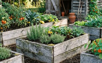 How Long Do Cedar Raised Garden Beds Last? Lifespan & Rot Tips Weathered cedar raised garden beds in a vegetable garden showing aged wood, soil, herbs, and vegetables