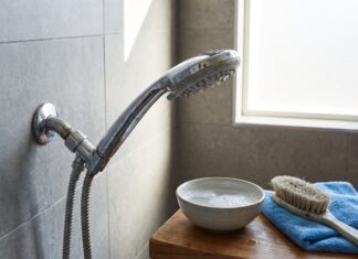How to Clean a Shower Head and Restore Water Pressure Fast Cleaning a chrome shower head with mineral buildup in a modern bathroom