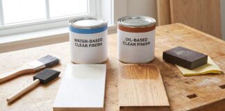 Polycrylic vs Polyurethane: Which Clear Finish Should You Use? Polycrylic and polyurethane clear finish cans with brushes on a wood tabletop