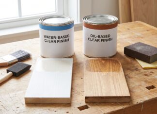 Polycrylic vs Polyurethane: Which Clear Finish Should You Use? Polycrylic and polyurethane clear finish cans with brushes on a wood tabletop