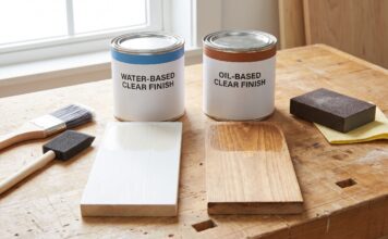 Polycrylic vs Polyurethane: Which Clear Finish Should You Use? Polycrylic and polyurethane clear finish cans with brushes on a wood tabletop