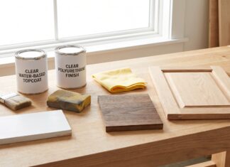 Polycrylic vs Water-Based Polyurethane: Which Clear Finish Is Better? Polycrylic and water-based polyurethane clear finishes with brushes and painted wood samples